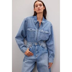 Lee Zip Vintage Shirt Blue Denim 1/4 Zip Top Long Sleeve Pullover Pockets Sz M